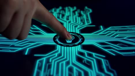 side view, human finger pushes touch digital the light bulb with futuristic artificial intelligence spreading through internet. visualization of machine learning, computer technology, neural network