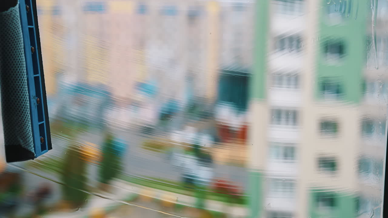 Window cleaning brush washing. Cleaning window with water and special liquid in the city flat. Close-up.