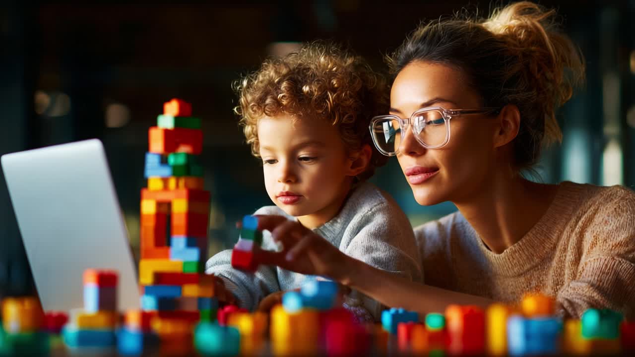 A mother and her young child engaged in creative play with colorful building blocks while interacting with a laptop, showcasing nurturing and educational moments together