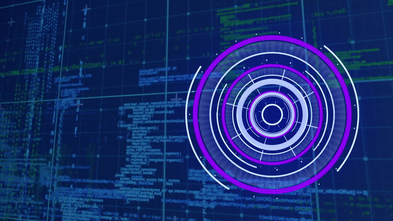 animación del escáner redondo y el procesamiento de datos a través de la red de red contra fondo azul