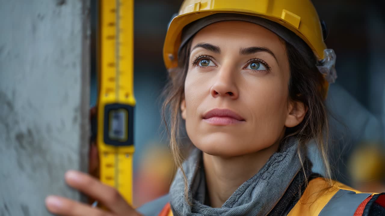A thoughtful woman in a yellow hard hat and construction attire gazes upwards, thoughtfully focused on her work as a construction professional, surrounded by a workplace atmosphere of determination and collaboration