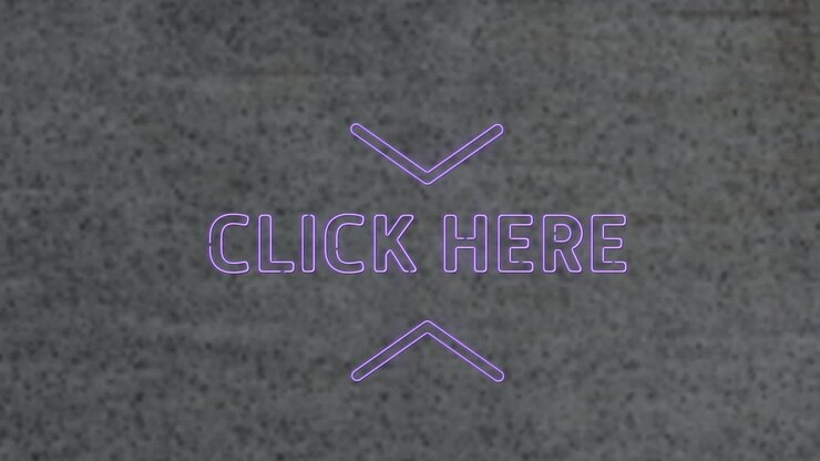 Animazione di un banner di testo viola neon 'clicca qui' su sfondo grigio testurizzato