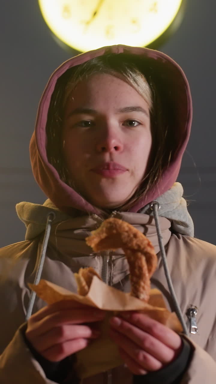 joven de pie al aire libre con pastel en las manos, chaqueta con capucha y cielo nocturno con reloj en el fondo crean un ambiente urbano acogedor