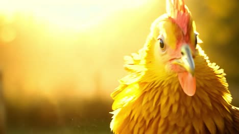 vibrant hen enjoying golden hour sunlight, showcasing intricate feathers and vivid colors. ideal for nature, farming, and poultry content