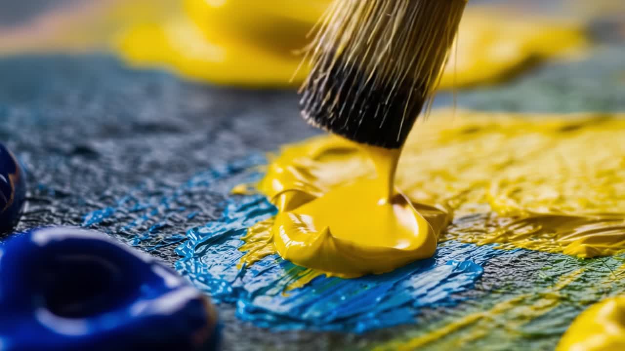 A Close-Up View of a Brush Applying Bright Yellow Paint on a Colorful Canvas, Capturing the Dynamic Process of Artistic Expression and Creativity