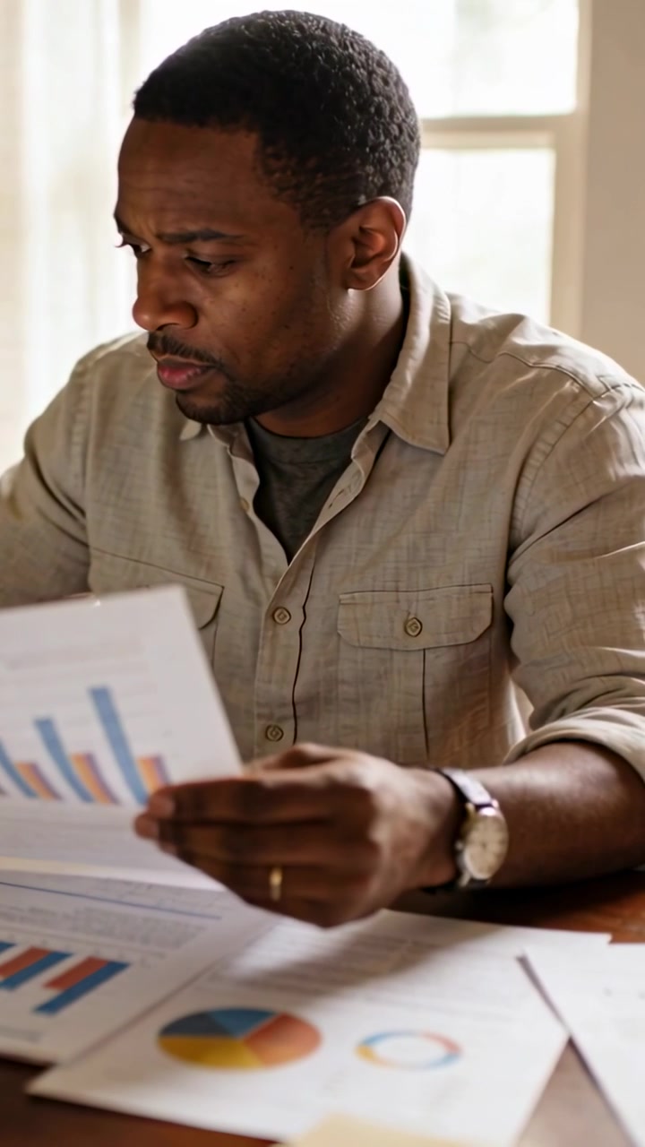 Vertical video: Picking paper, man in beige shirt reading bar and pie charts at home analyzing data