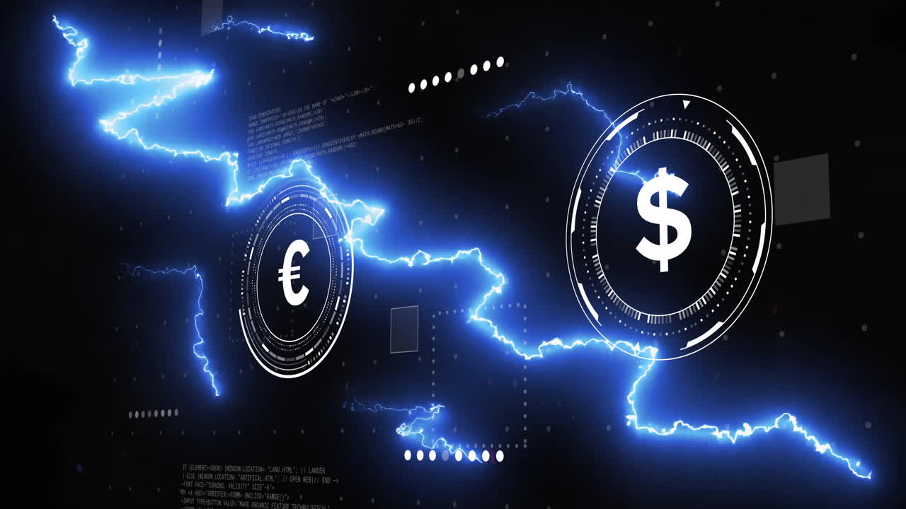 Euro and dollar symbols with electric energy and data processing animation