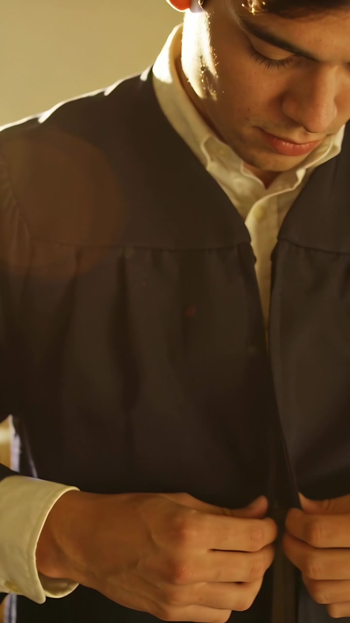 Vídeo vertical: Homem abotoando roupão em quarto, preparando-se para evento, camisa branca visível.