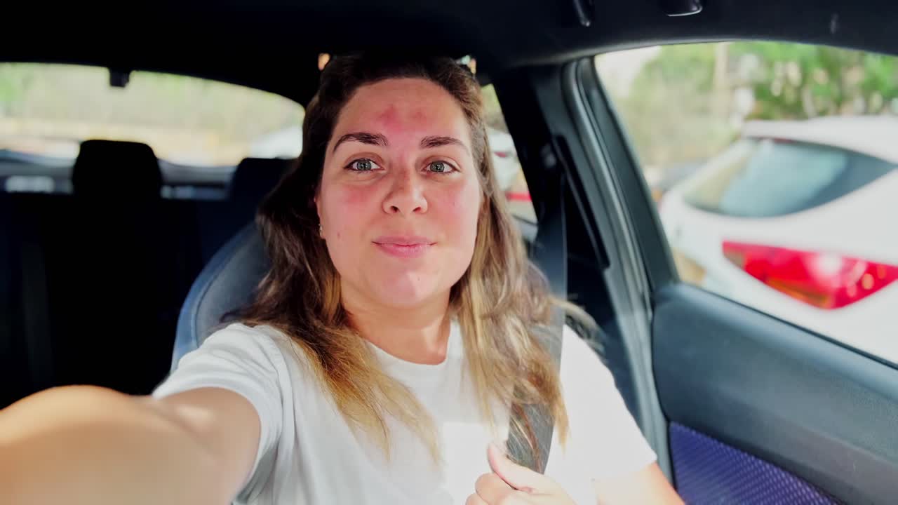 Una mujer sonríe y se toma una selfie en un coche