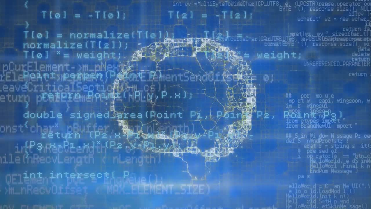 회전하는 인간 뇌 아이콘과 파란색 배경에 대한 데이터 처리 애니메이션