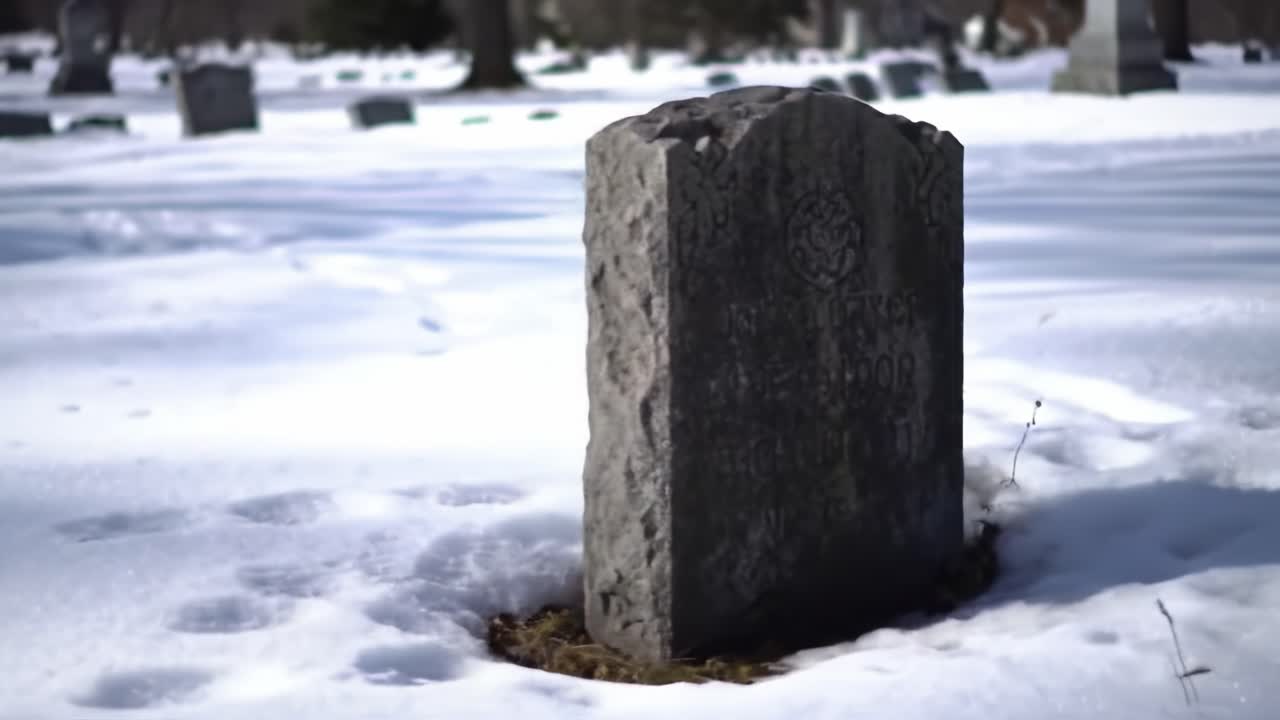 A weathered grave marker stands amidst a snowy landscape in a quiet cemetery. The serene atmosphere evokes reflection and remembrance on a cold winter day.
