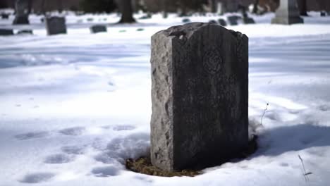 a weathered grave marker stands amidst a snowy landscape in a quiet cemetery. the serene atmosphere evokes reflection and remembrance on a cold winter day.