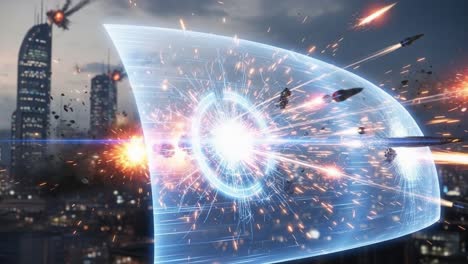 futuristic energy shield engaging in battle: a glimpse into a high-tech defense mechanism during urban warfare with explosions and chaos all around