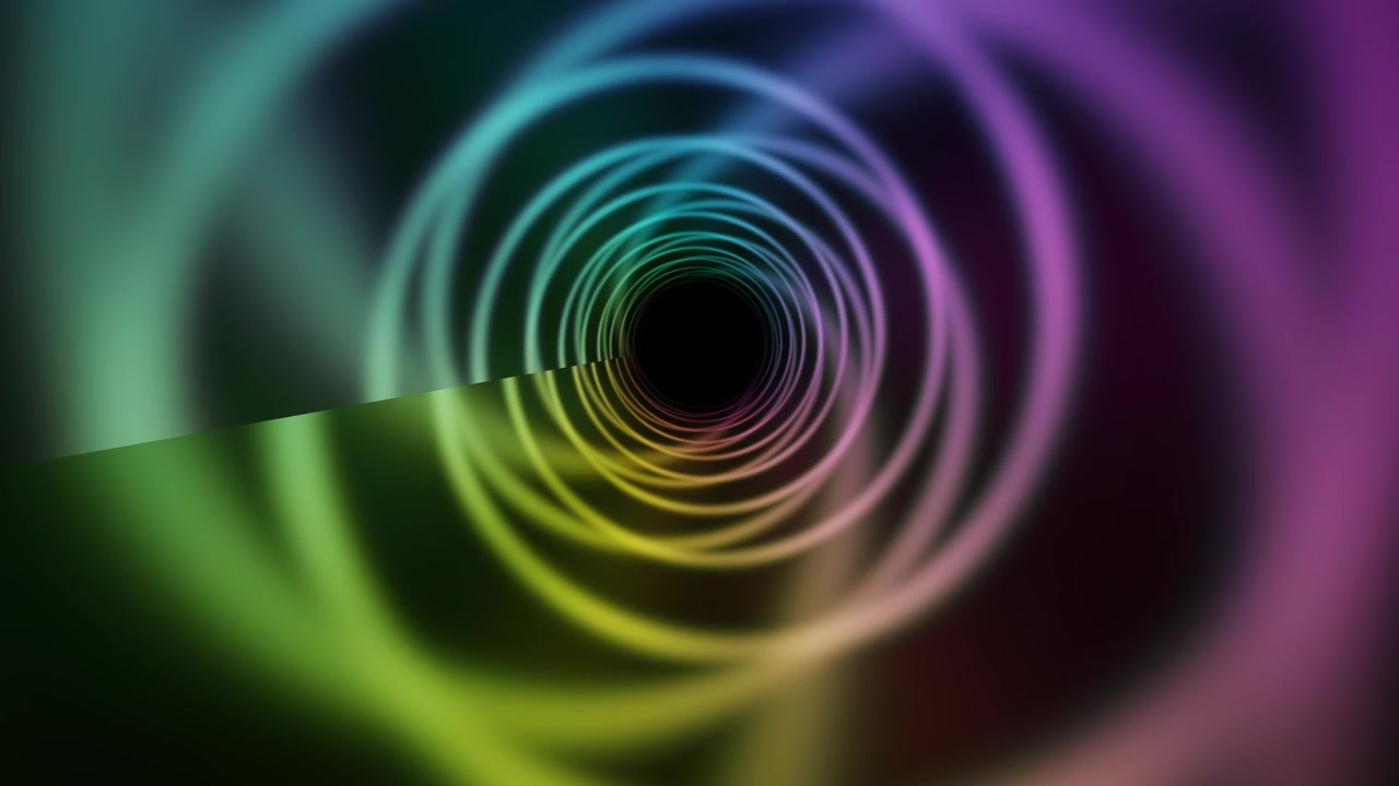 Un túnel espiral colorido parece moverse hacia un centro oscuro. Ondas de luz crean una atmósfera vibrante y estimulan el interés visual. La escena proporciona profundidad y una sensación de movimiento.