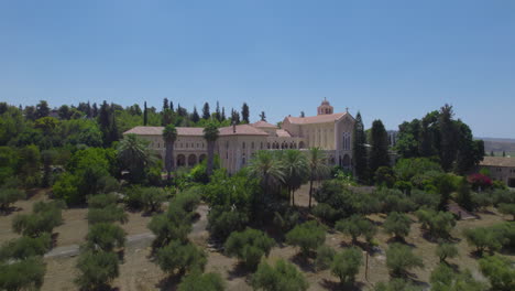 The-hilltop-of-Letron,-hilltop-of-Letrun-Monastery-Of-Silence,-Israel--Under-the-British-Mandate,-Latrun-was-the-site-of-police-fortresses-and-the-British-detention-camp---rising-parallax-shot