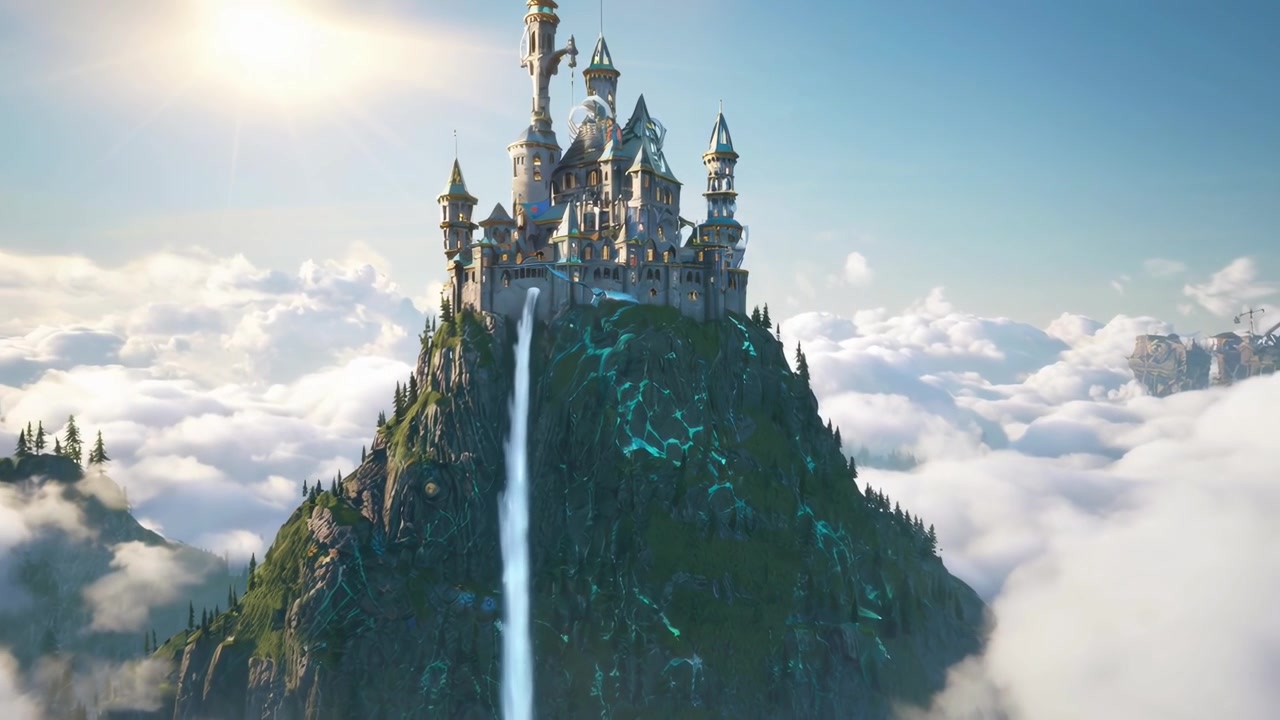 Maestoso castello fantasy arroccato su una cima di montagna sopra le nuvole