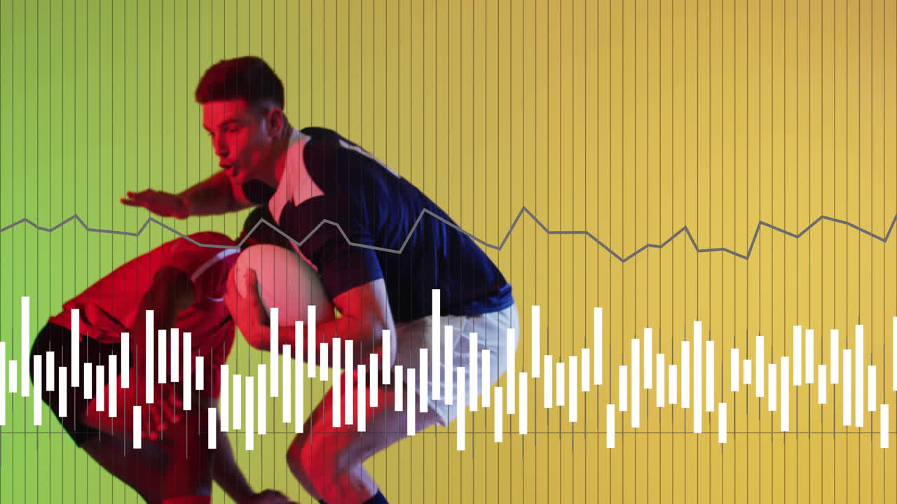 two male athletes practicing rugby drill in studio, displaying animated data bar charts, line graph