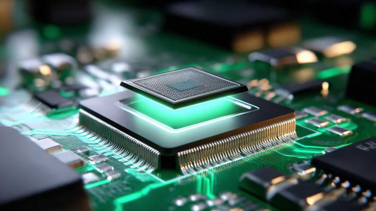 Close-up of an advanced microchip on a circuit board, showcasing intricate details of electronic components, with vibrant green lighting highlighting the processor's features and surrounding circuitry