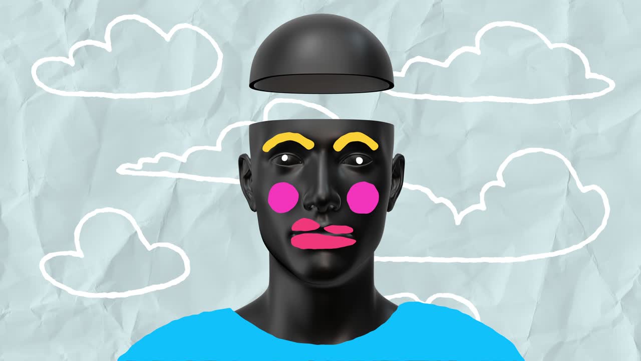 Minimal graphic colorful psychedelic design. Human body abstract art concept with doodle draw shapes. Realistic 3d character man or woman in creative stop motion style. Cartoon fashion loop animation