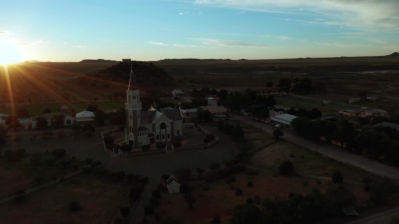 Aerial View of a Church in a Small Town at Sunset in Namibia