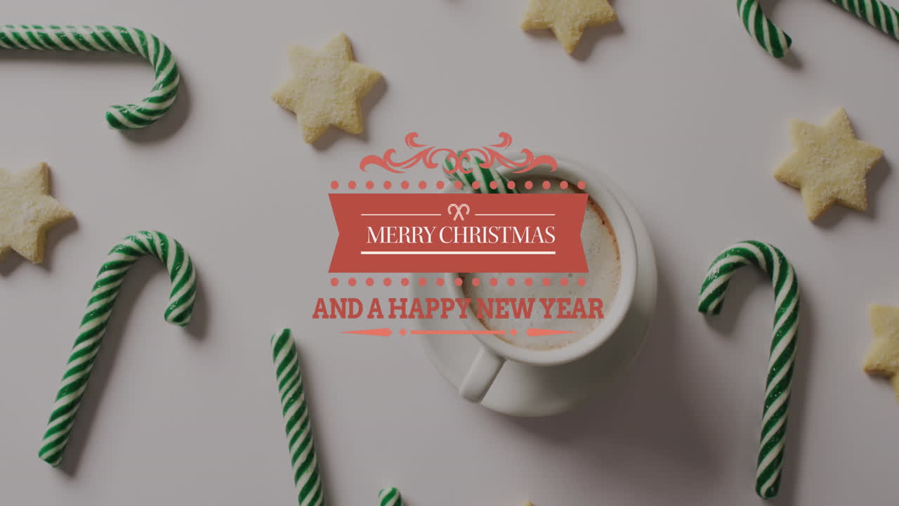 animación de saludos de navidad texto sobre decoraciones de navidad y bastones de caramelo.