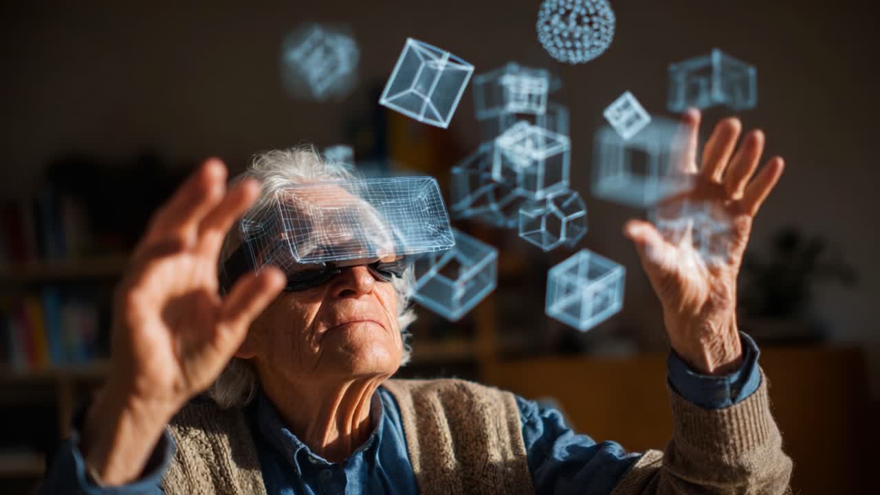 Elderly Individual Engaged in Immersive Virtual Reality Experience, Manipulating 3D Holographic Shapes and Objects, Showcasing the Intersection of Technology and Aging in an Innovatively Interactive Environment