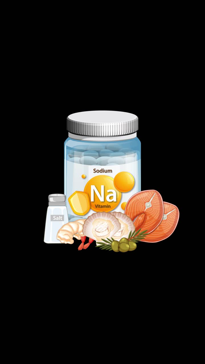Lọ bổ sung natri cùng muối, hải sản và rau củ xuất hiện trên nền đen, với sự hòa quyện mượt mà.