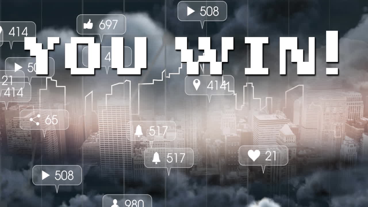 도시 풍경 위에서 성장하는 텍스트와 숫자를 이기는 애니메이션