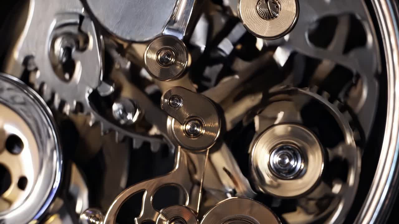 Close-up video of intricate clock gears in motion, showcasing detailed mechanical design