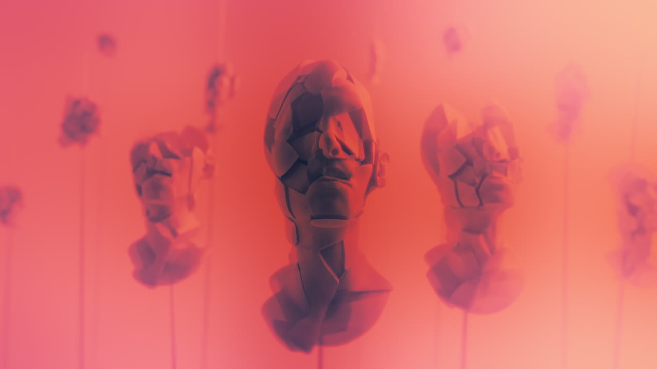 Destroyed android heads on spikes on the neon pink background