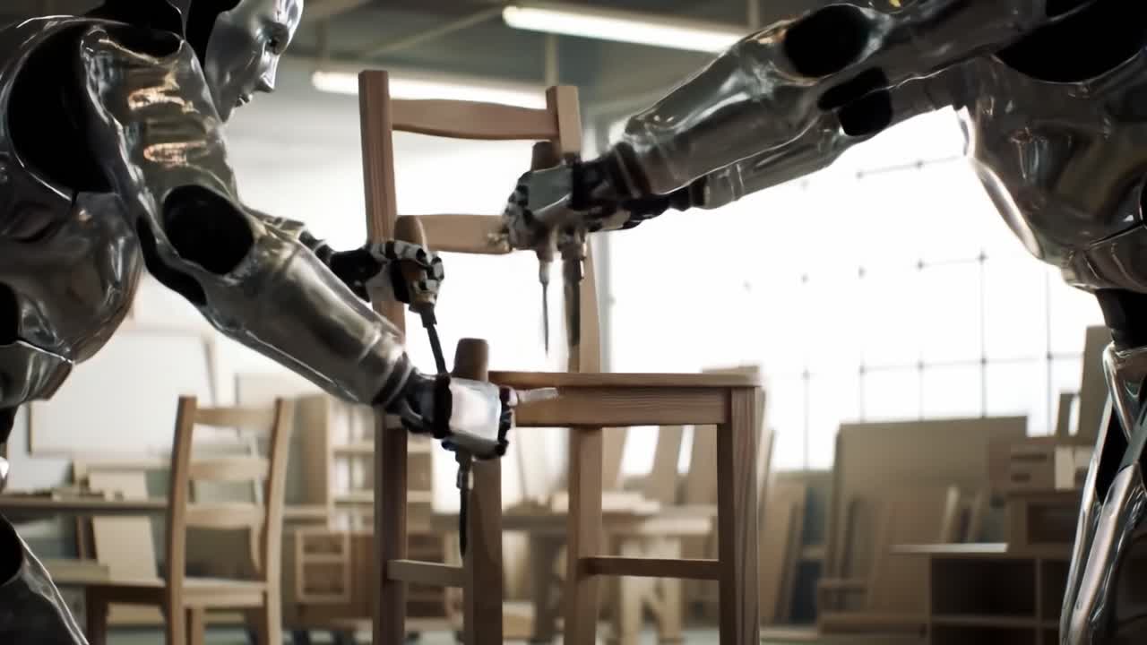 Robotic Collaboration in Furniture Assembly: A Dynamic Interaction between Two Advanced Robots as They Work Together to Create a Wooden Chair in a Modern Workshop Environment