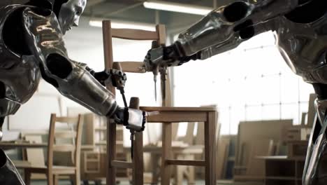 robotic collaboration in furniture assembly: a dynamic interaction between two advanced robots as they work together to create a wooden chair in a modern workshop environment