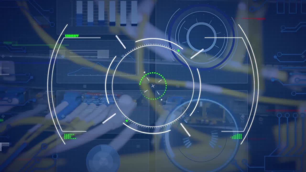 animación del efecto de falla y el escaneo de alcance sobre el primer plano del servidor informático y el procesamiento de datos