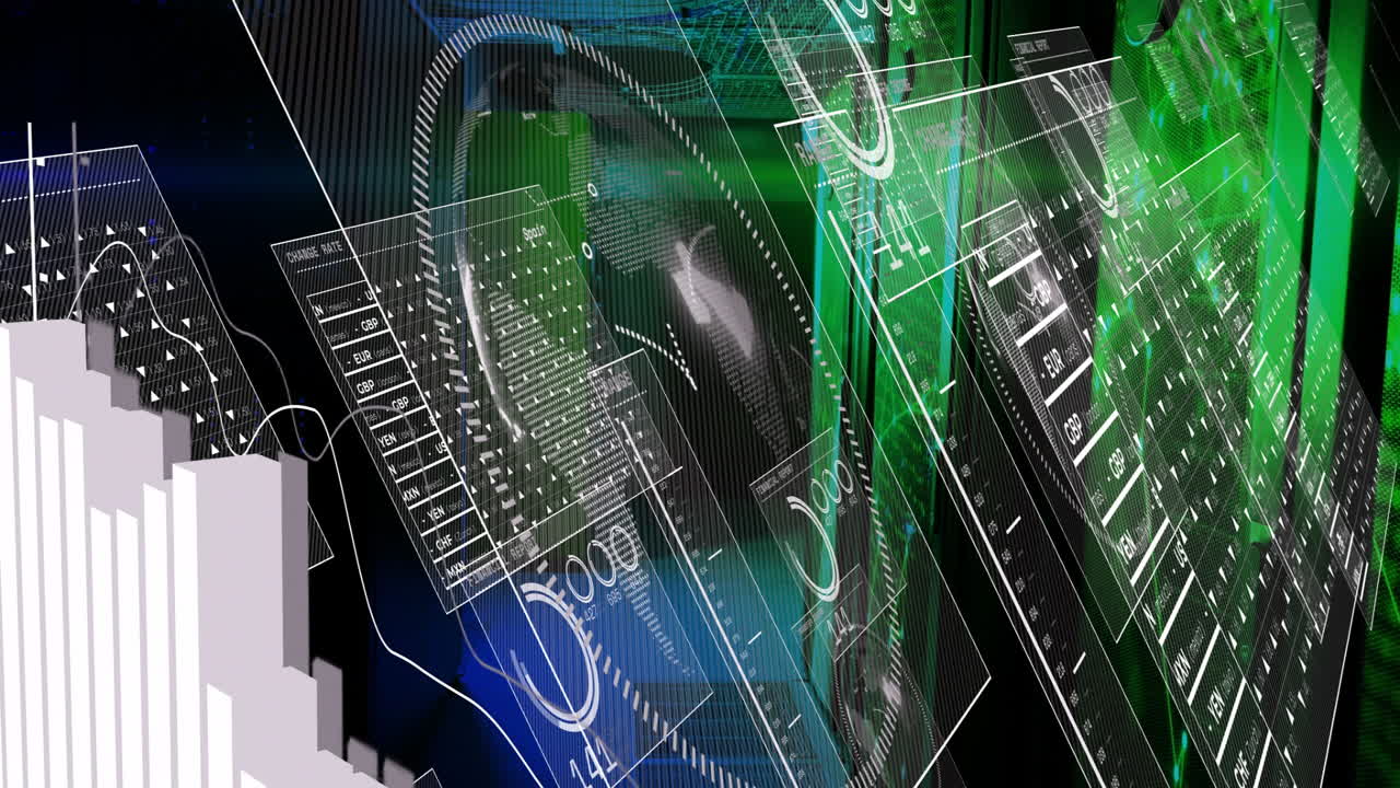 Animation of data charts and graphs on digital interface with geometric background