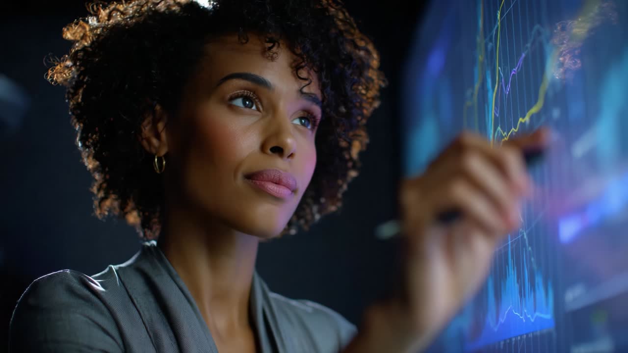 Focused analysis with data visualization: A woman employs analytical skills to interpret complex data displayed on a modern interface, showcasing her expertise in data science and technology