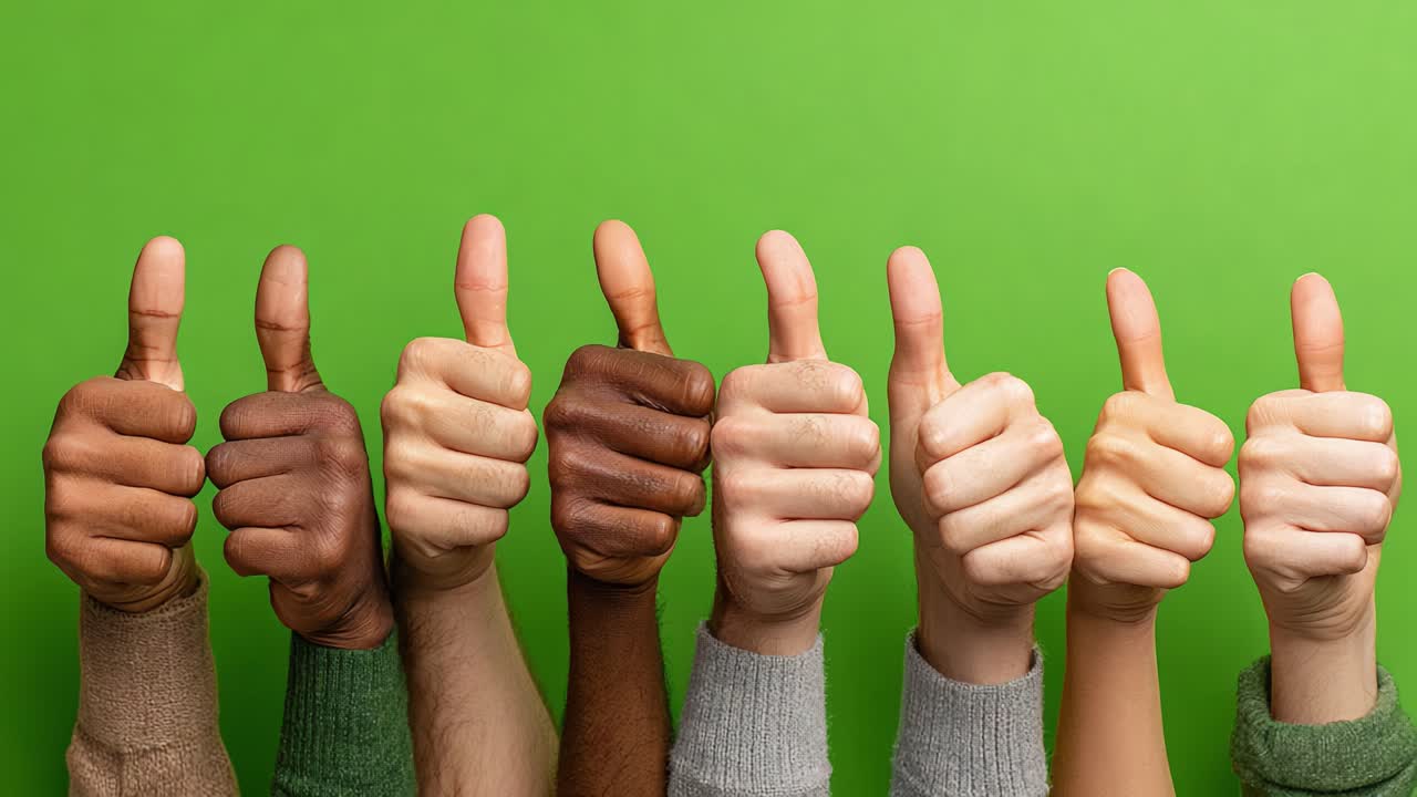 Un grupo diverso de manos levantando el pulgar sobre un fondo verde brillante, que simboliza la unidad, la positividad y el apoyo en un entorno vibrante e inclusivo