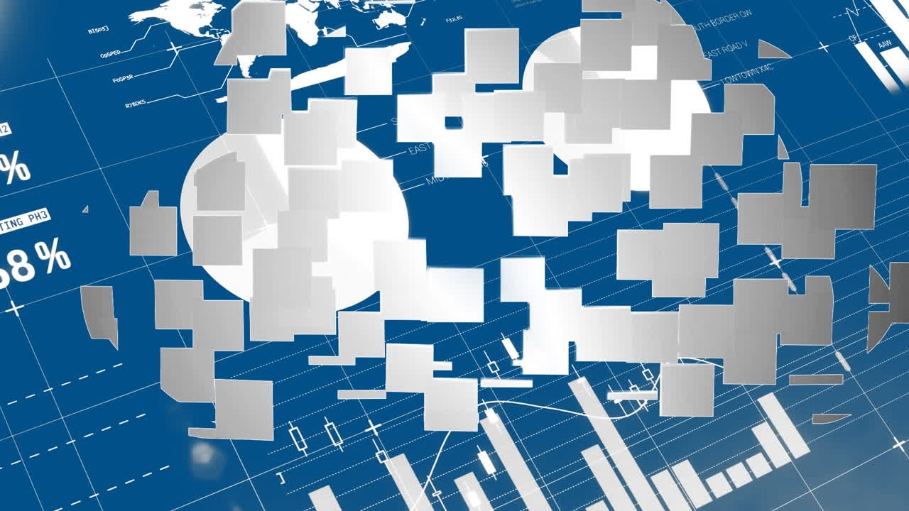 데이터 처리의 애니메이션과 파란색 배경의 구름