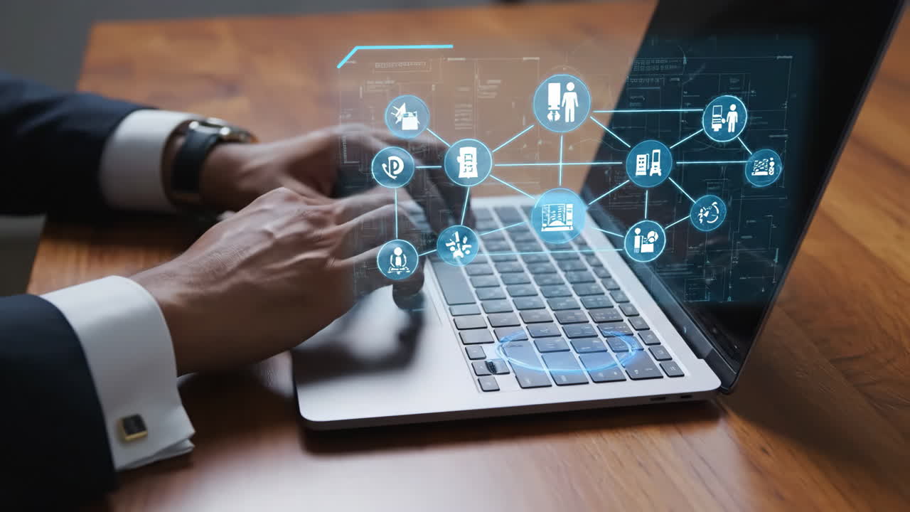 Professional Using Laptop with Digital Network and Technology Icons