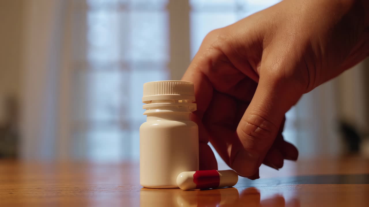 Hand holding a pill bottle and a pill on a table
