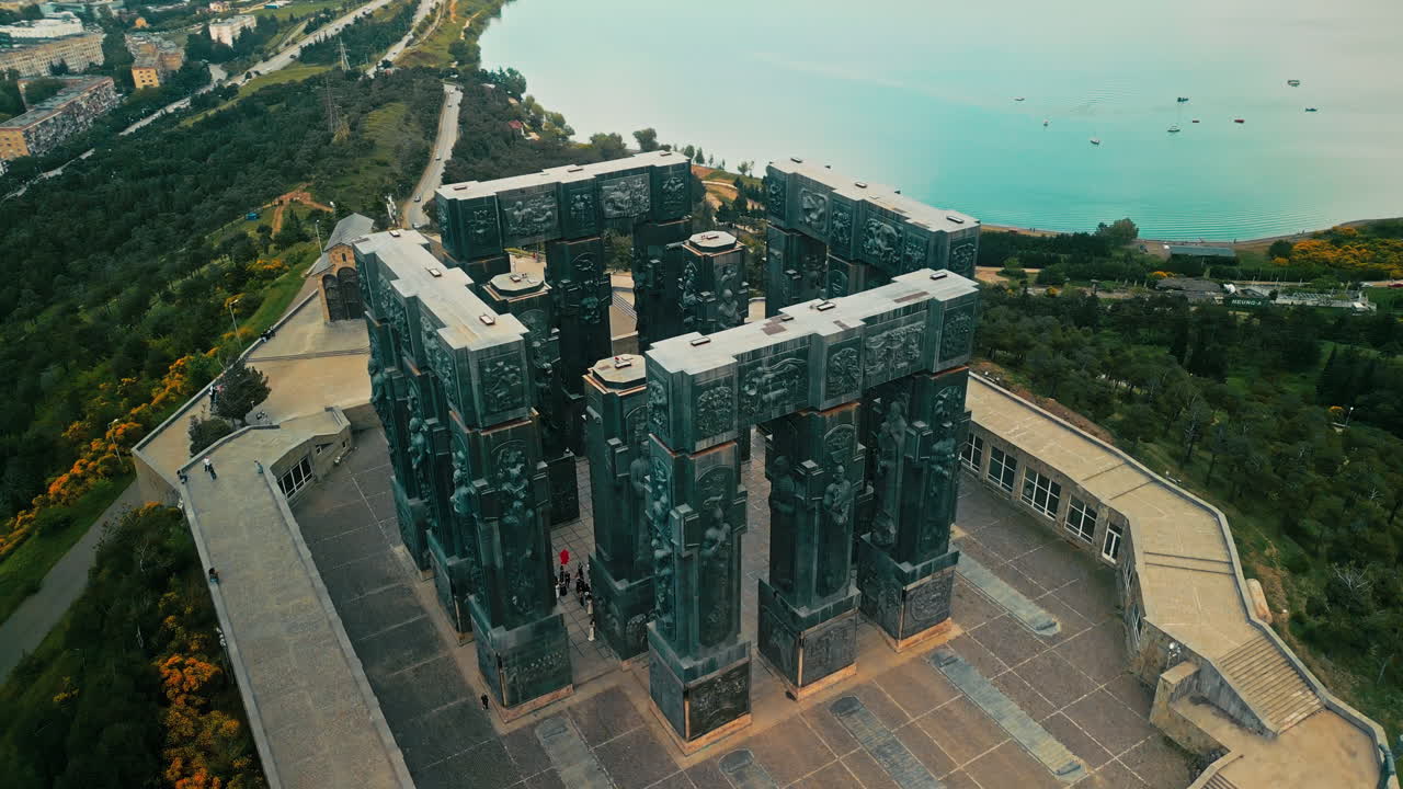 Aerial View of the Chronicle of Georgia Monument overlooking the Tbilisi Sea