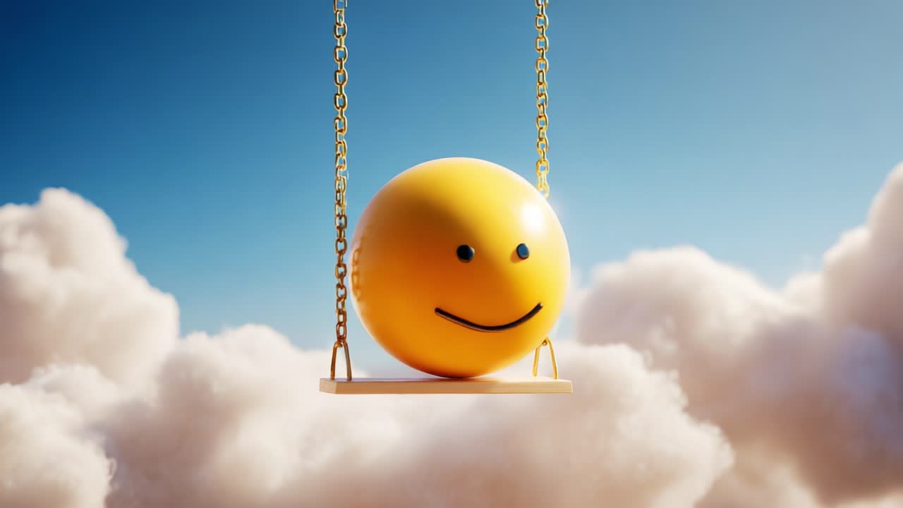 A joyful yellow smiley face on a swing floating amidst fluffy white clouds and a bright blue sky, embodying happiness and a carefree spirit in a dreamlike atmosphere