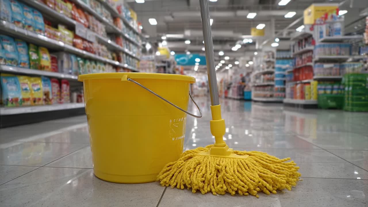 Um esfregão amarelo brilhante com um balde posicionado no chão limpo de um supermercado, cercado por corredores coloridos de produtos sob luzes fortes da loja