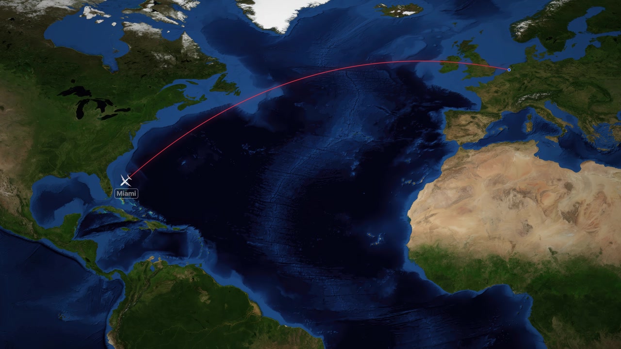 Satellite map animation tracks a plane flying from Amsterdam to Miami with a red line