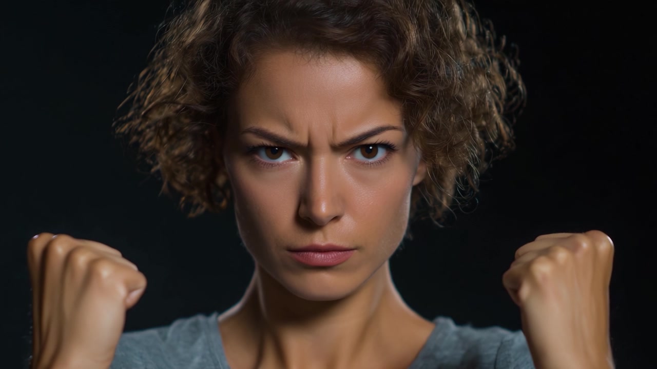 Expresión Emocional Intensa: Una Mujer Concentrada con Ojos Determinados y Puños Cerrados, Que Simboliza Fuerza, Ira y Resolución con una Iluminación Dramática