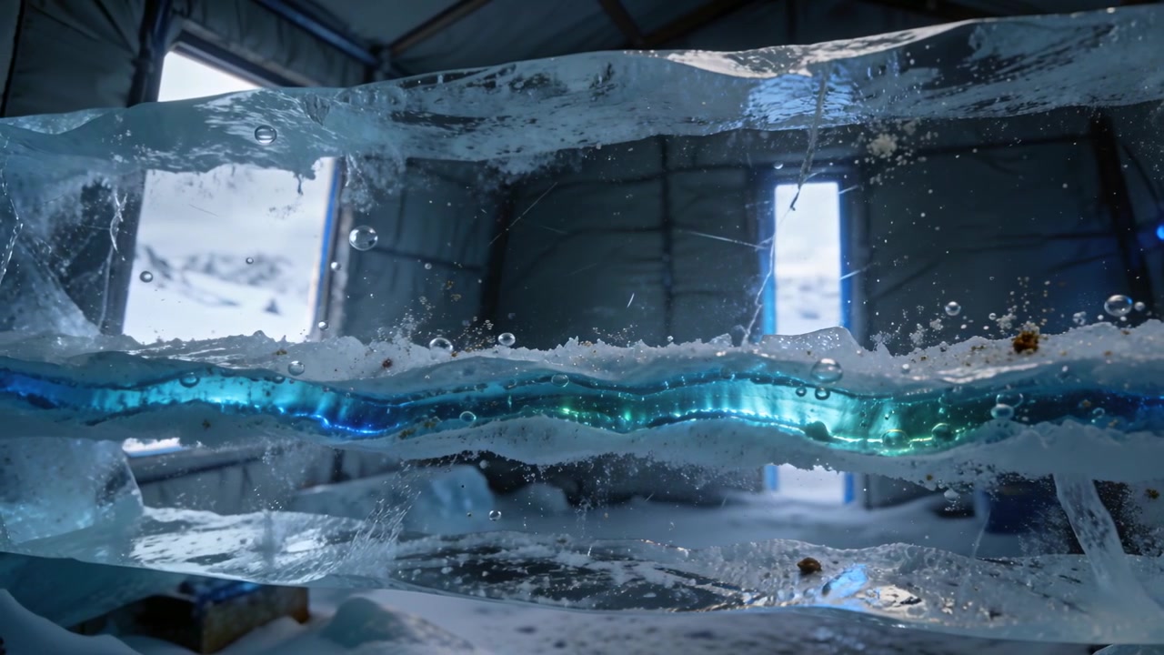 Reacting to door glow, camera pulling back revealing layered ice in hangar, with blue-green ribbon