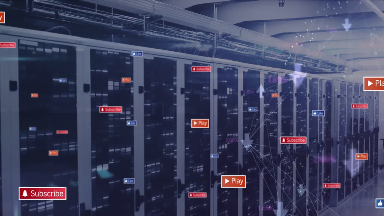 animación de iconos de redes sociales flotantes y cuadrados de mosaico contra la sala de servidores de computadora