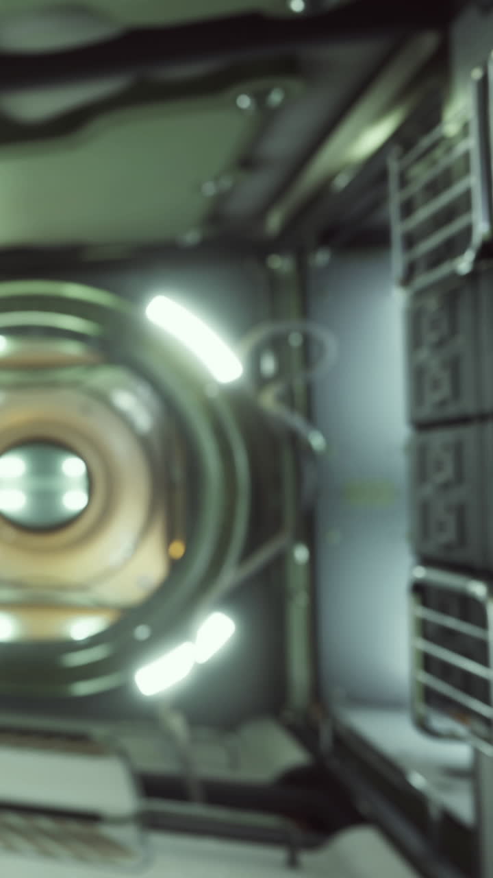 Space station interior with equipment and lights in a dark environment