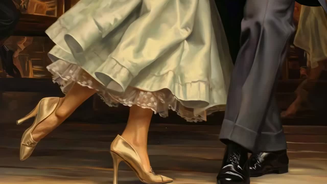 Close-up, low-angle shot of a couple dancing, focusing on elegant shoes and flowing dress