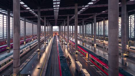 Atocha-railway-station-platforms-in-Madrid-during-sunny-day-high-Speed-trains-on-the-track