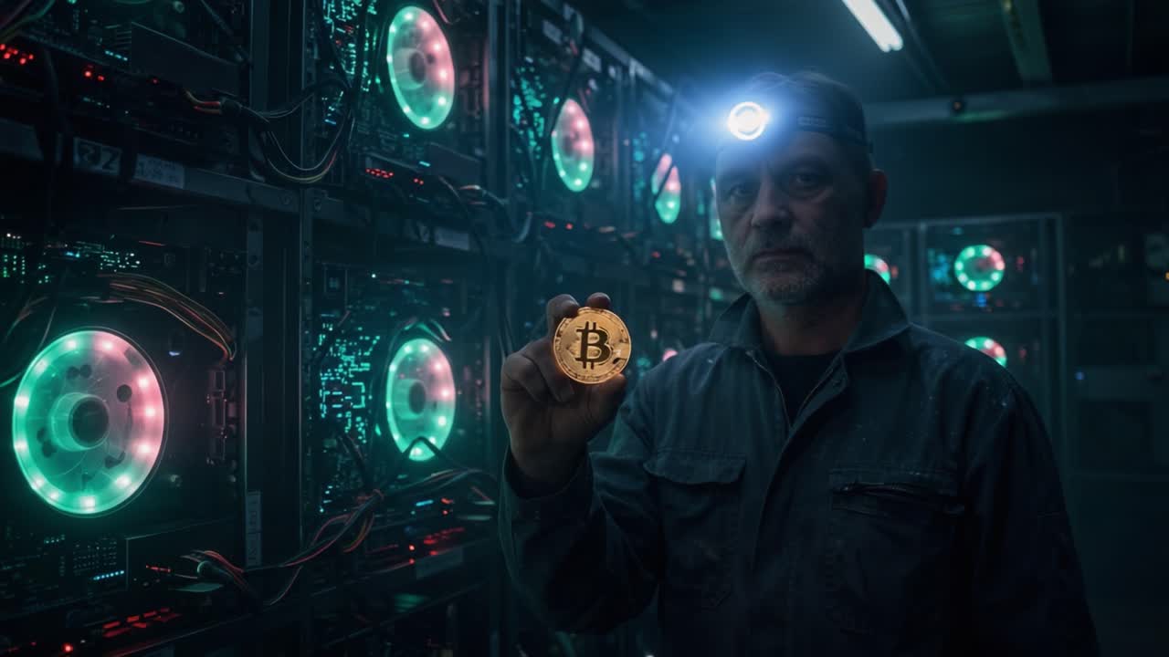 A miner proudly holds a Bitcoin in front of powerful mining rigs, showcasing the evolution of cryptocurrency and the dedication of those who support blockchain technology